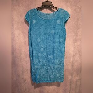 Teal Blue Embroidered Linen Midi Dress